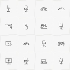 Video Games line icon set with joystick , game gun  and portable game station