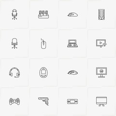 Video Games line icon set with computer mouse , office chair  and headphone with microphone