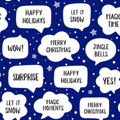 Seamless pattern holiday speech bubbles with christmas greetings: merry christmas, happy holiday, let it snow etc. Vector illustration on blue background