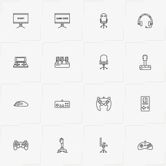 Video Games line icon set with office chair , gaming pedals  and portable game