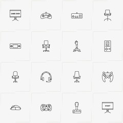 Video Games line icon set with office chair , television monitor  and gaming gear shift
