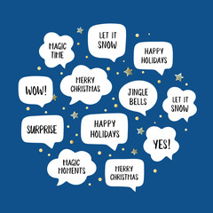 Holiday speech bubbles set with christmas greetings: merry christmas, happy holiday, let it snow etc. Vector illustration in circle on blue background with gold stars