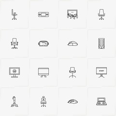 Video Games line icon set with computer mouse , office chair  and video game spectacles