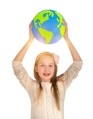 Pretty girl holding up the planet Earth, hand made paper craft design. Craft, hobby and educational, lets safe the world concept. 