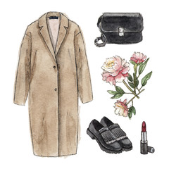 watercolor hand painting sketch fashion outfit, a set coat, shoes, bag and flowers. clothes casual style. isolated elements