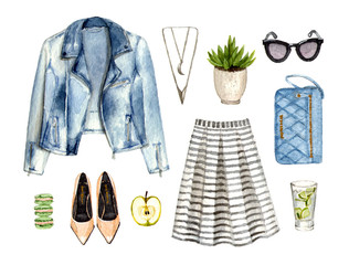 watercolor hand painting sketch fashion outfit, a set of clothes and accessories. summer casual style. collection of isolated elements