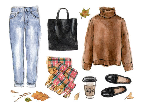 watercolor sketch casual autumn outfit. hand painting fashion illustration. set of isolated elements.