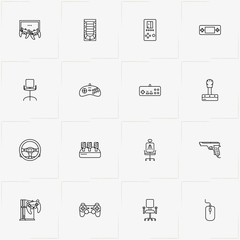 Video Games line icon set with game gun , office chair  and computer mouse