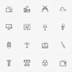 Vintage line icon set with revolver, lantern and candlestick