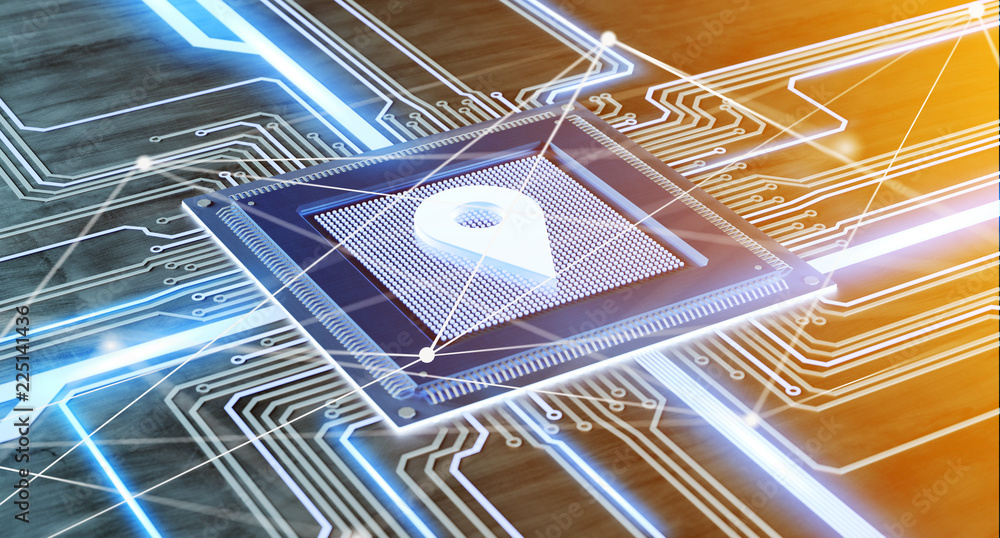 Poster cpu processor chip and network connection on a circuit board - 3d render