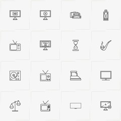 Vintage line icon set with retro flatiron , smoking pipe  and television