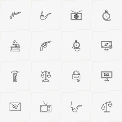 Vintage line icon set with television, smoking pipe  and clock with pendulum