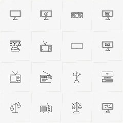 Vintage line icon set with radio receiver , libra and retro telephone