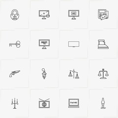 Vintage line icon set with vintage key , candlestick  and revolver