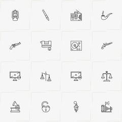 Vintage line icon set with lock, retro player  and revolver