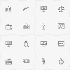 Vintage line icon set with radio receiver , retro candle  and revolver