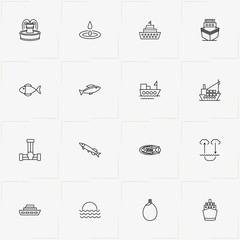 Naklejka premium Water line icon set with sea, water cycle and fish