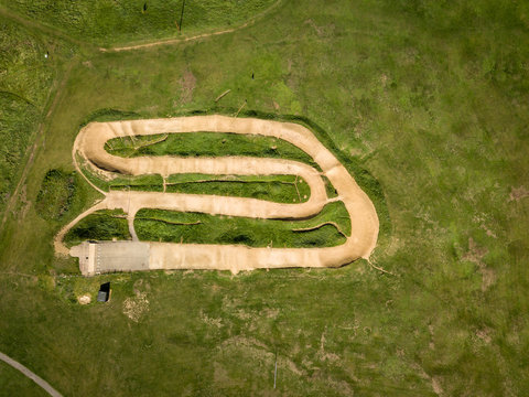 Aerial view of bmx track. Nice sunny day. Ipswich, UK.