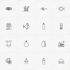 Water line icon set with fish, water flask and swimming pool ladder