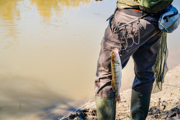 Fish hanging on fisherman's belt