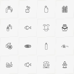 Water line icon set with water cycle, watering flowers and water tap
