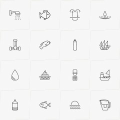 Water line icon set with water drop, ship and water pipe