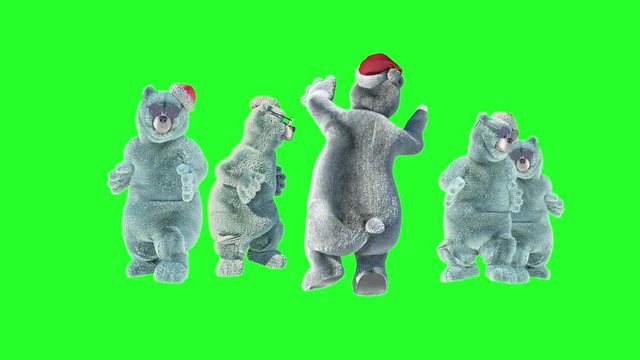 cartoon bear in a Christmas hat dancing on a green background