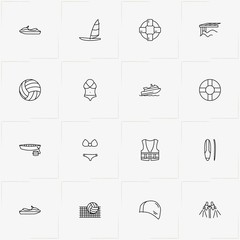 Water Sport line icon set with life vest, surfing board and sailing boat