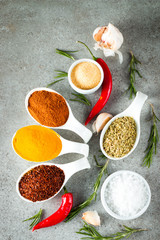 Spices in Wooden spoon. Herbs. Curry, Saffron, turmeric, rosemary, cinnamon, garlic, pepper, anise on wooden rustic background. Collection of spices and herbs. Salt, paprika. Copy space. 