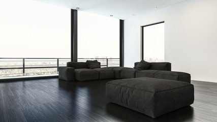 Empty living room containing couches and pouf