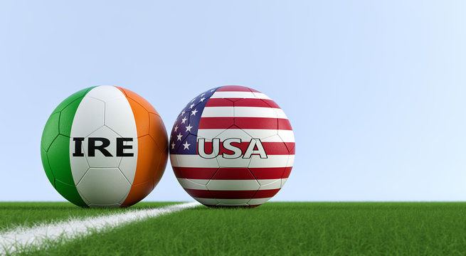 Ireland vs. USA Soccer Match - Soccer balls in Ireland and USA national colors on a soccer field. Copy space on the right side - 3D Rendering 