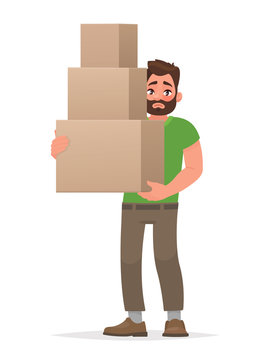 Man is holding boxes on a white background. Vector illustration