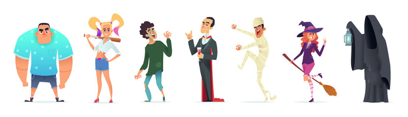 People in costumes for Halloween. Character design for a happy Halloween party. Vector illustration.