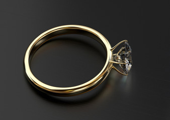Gold Diamond Ring Isolated On black Background, 3D Rendering.