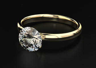 Gold Diamond Ring Isolated On black Background, 3D Rendering.