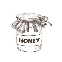 Hand drawn glass honey  jar in sketch style. Vector Illustration isolated on white background.