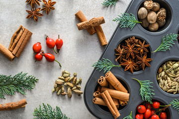 Christmas spices, top view. Sweet spice for baking - anise, cinnamon, cardamom, nutmeg
