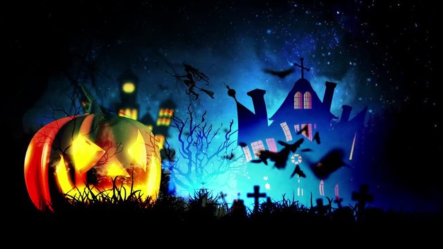 Happy Halloween haunted pumpkin and flying bats
