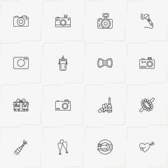 Wedding line icon set with microphone, stemware and butterfly tie