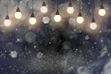 cute bright glitter lights defocused bokeh abstract background with light bulbs and falling snow flakes fly, festal mockup texture with blank space for your content