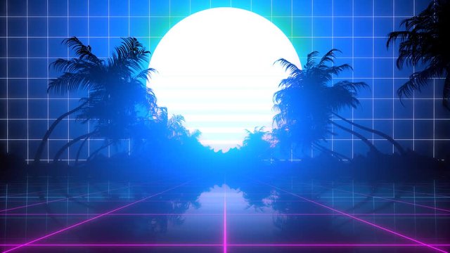 80's style seamlessly looping 3D moon animation with palm trees