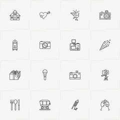 Wedding line icon set with gift , cutlery  and car of locomotive