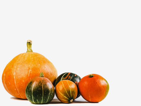 Beautiful, multi-colored pumpkins of various sizes on a white, isolated background. Close-up. Place for your inscriptions. Preparing for the holidays