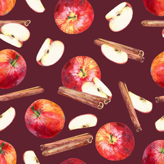 Seamless pattern with apples, slices and cinnamon sticks on maroon background. Hand painted in watercolor. - 225150425