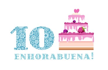 Anniversary greetings, 10 years, berry cake, Spanish, white, blue, vector. Big berry cake and the number 10 on a white background. The inscription in Spanish 