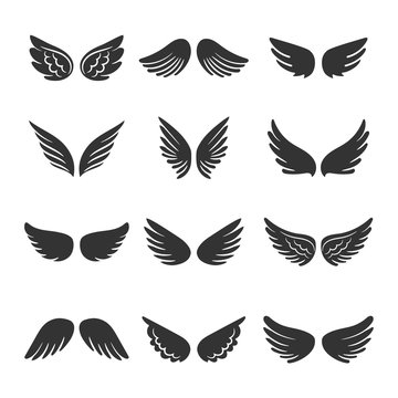 Angels wings silhouettes set isolated on white background, vector illustration