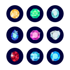 Shine colorful diamond icons set in black curcles, vector illustration