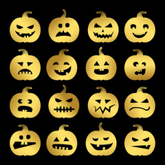 Gold Halloween pumpkins vector set on black background