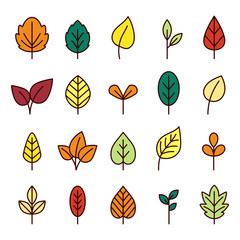 Green, red, yellow and orange leaves line icon vector collection