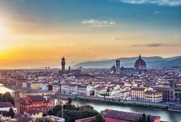 Fototapeta na wymiar Santa Maria del Fiore cathedral in Florence, Italy, at sunset. Scenic panorama view.